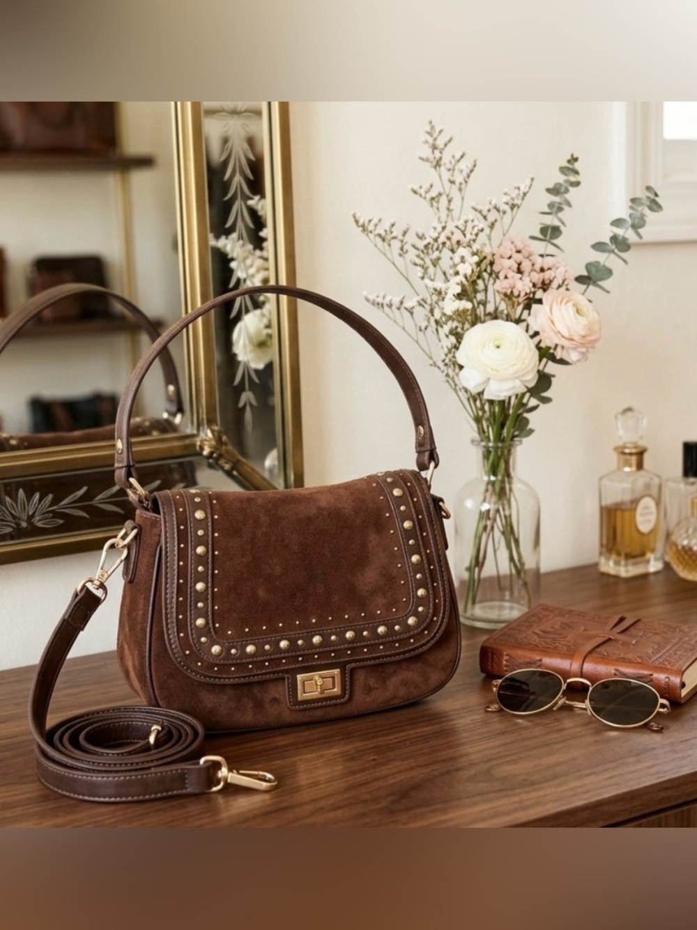 Bella Marie Brown Suede Studded Shoulder Bag